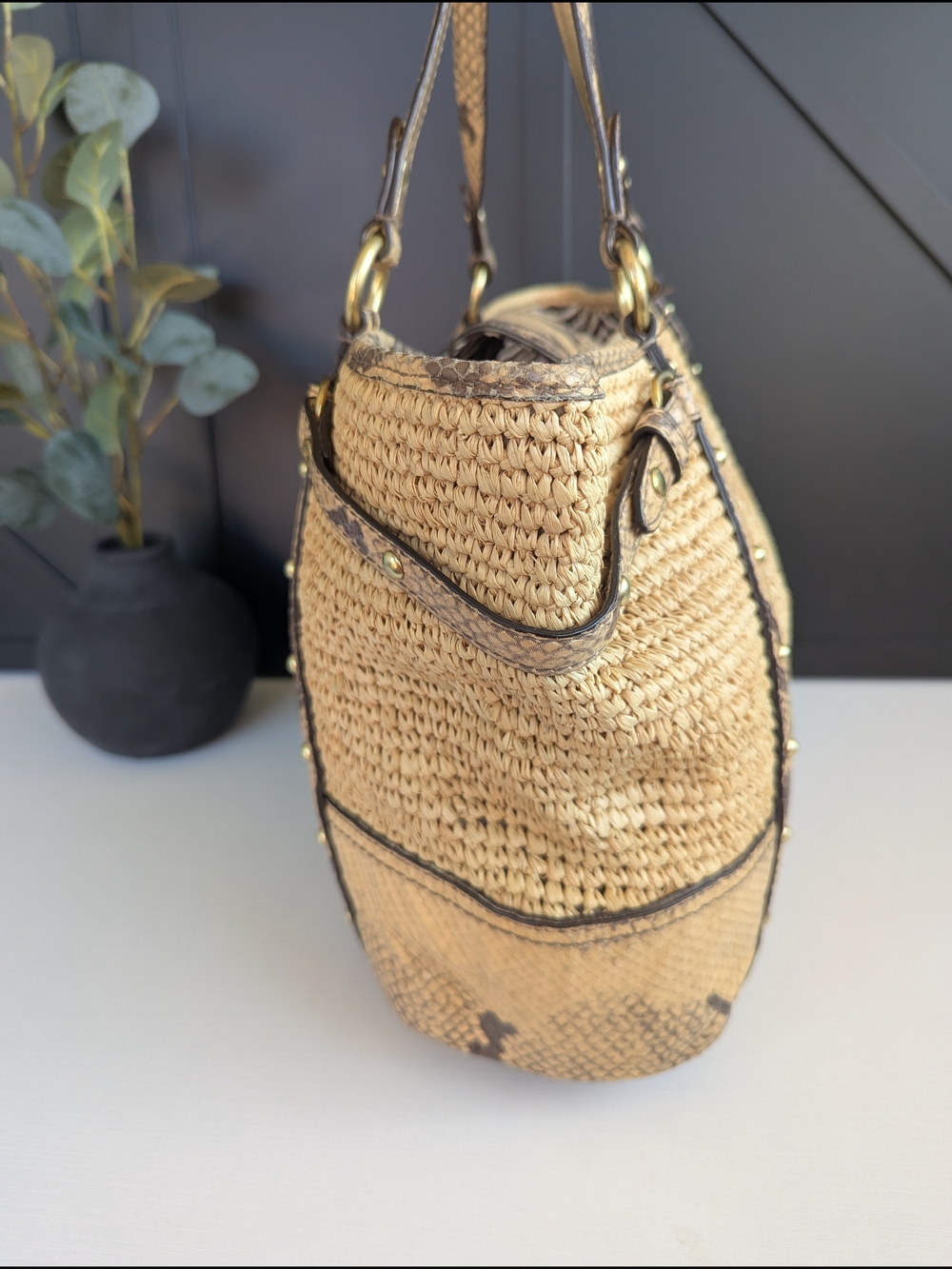 Coach Natural Woven Straw Tote with Snake-Print Trim - Picture 6 of 12